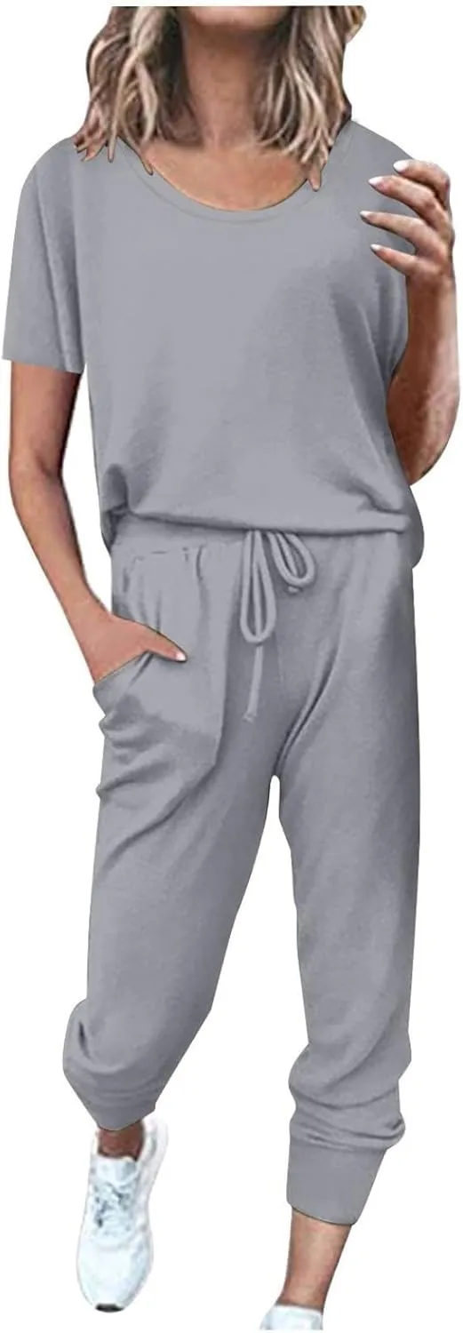 Womens 2 Piece Lounge Outfit Short Sleeve Crewneck Pullover Tops Long Pants with Drawstring Athletic Tracksuit Jogger Set