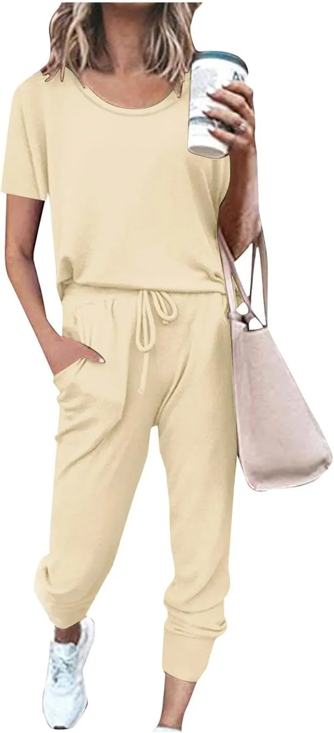Womens 2 Piece Lounge Outfit Short Sleeve Crewneck Pullover Tops Long Pants with Drawstring Athletic Tracksuit Jogger Set