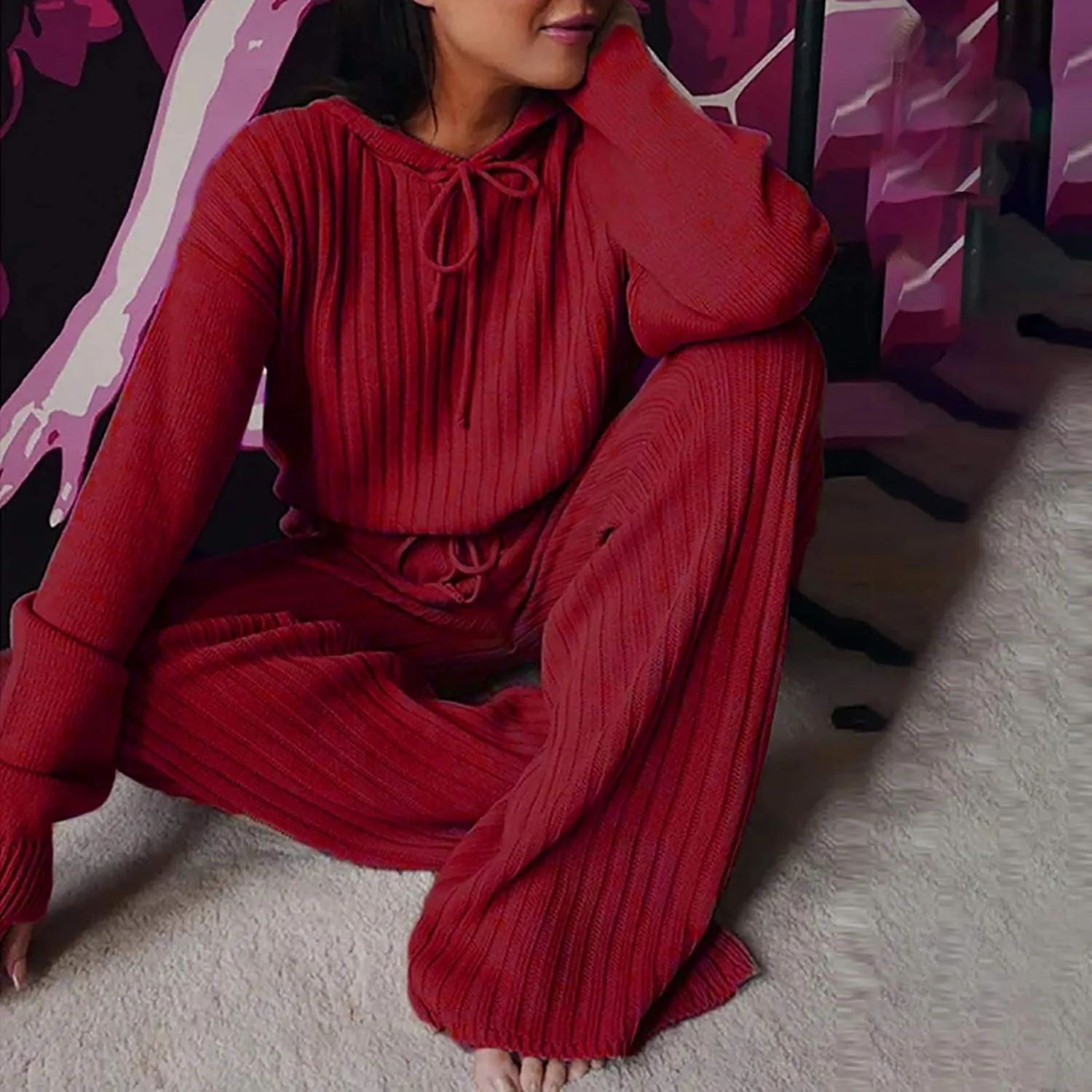 Womens 2 Piece Lounge Sets Fall Outfits Ribbed Knit Hoodies Wide Leg Pants Loungewear Set Casual Track Suits