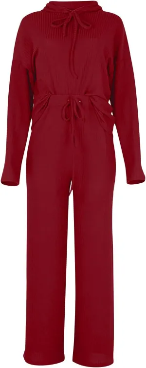 Womens 2 Piece Lounge Sets Fall Outfits Ribbed Knit Hoodies Wide Leg Pants Loungewear Set Casual Track Suits