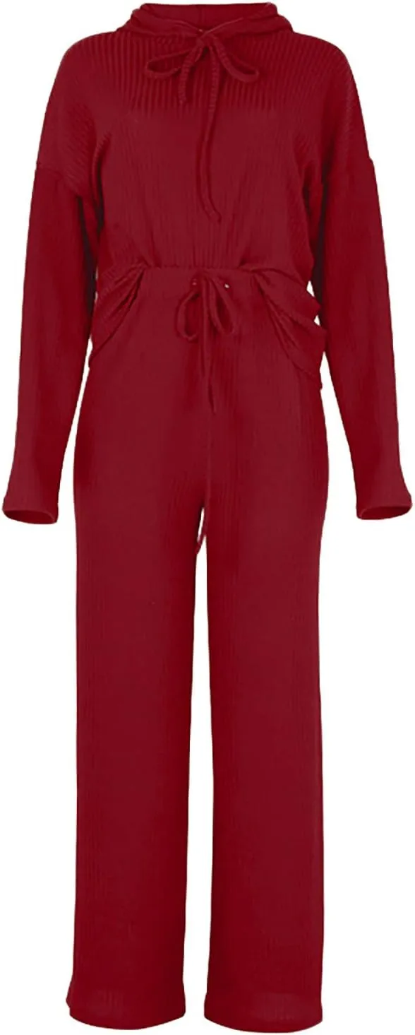 Womens 2 Piece Lounge Sets Fall Outfits Ribbed Knit Hoodies Wide Leg Pants Loungewear Set Casual Track Suits