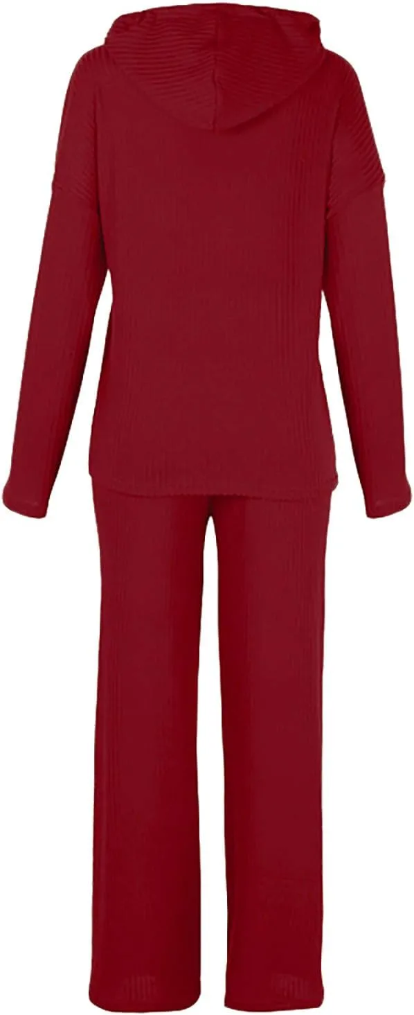 Womens 2 Piece Lounge Sets Fall Outfits Ribbed Knit Hoodies Wide Leg Pants Loungewear Set Casual Track Suits