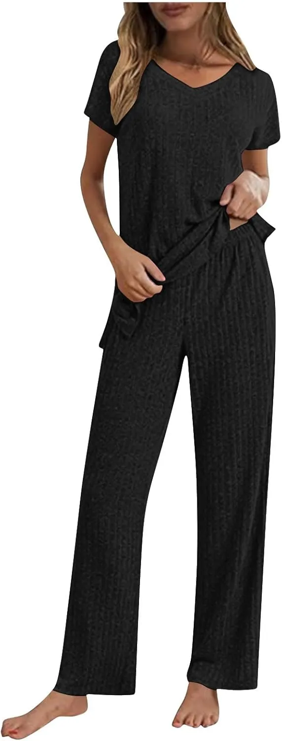 Women's 2 Piece Lounge Sets Ribbed Knit Short Sleeve V Neck Pullover Tops Wide Leg Pants Spring Summer Outfits 2025