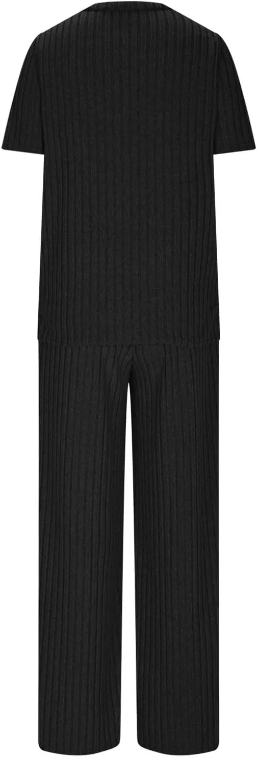 Women's 2 Piece Lounge Sets Ribbed Knit Short Sleeve V Neck Pullover Tops Wide Leg Pants Spring Summer Outfits 2025