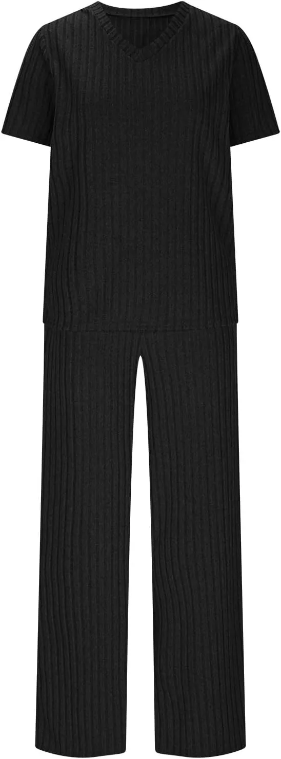 Women's 2 Piece Lounge Sets Ribbed Knit Short Sleeve V Neck Pullover Tops Wide Leg Pants Spring Summer Outfits 2025