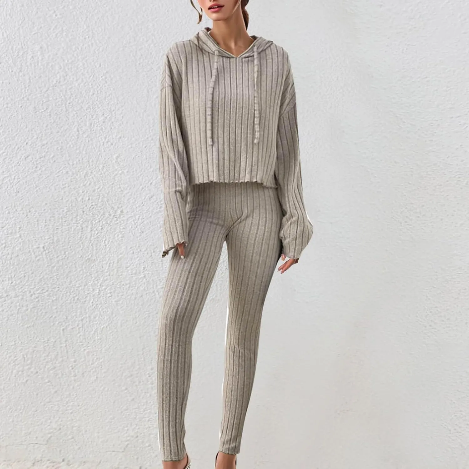 Women's 2 Piece Lounge Sets Wide Leg Pant Set Long Sleeve Cropped Top Casual Outfits Tracksuits Knitted Outfit Oversized