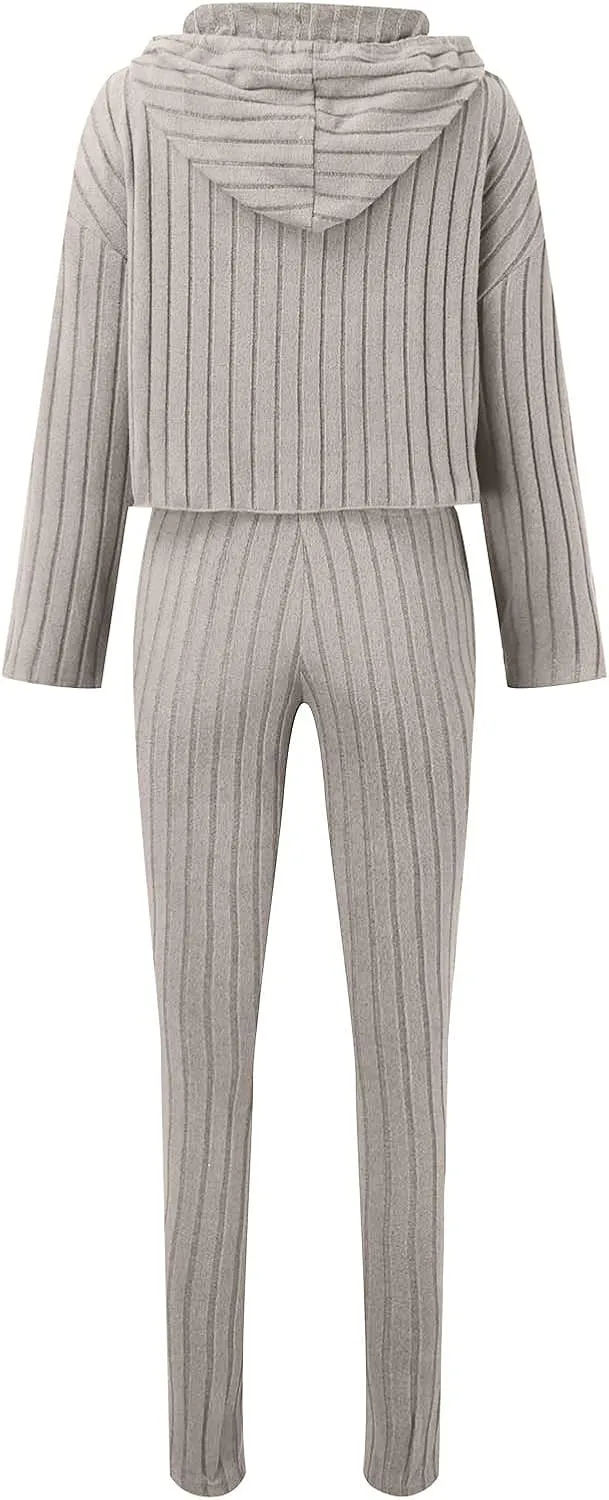 Women's 2 Piece Lounge Sets Wide Leg Pant Set Long Sleeve Cropped Top Casual Outfits Tracksuits Knitted Outfit Oversized