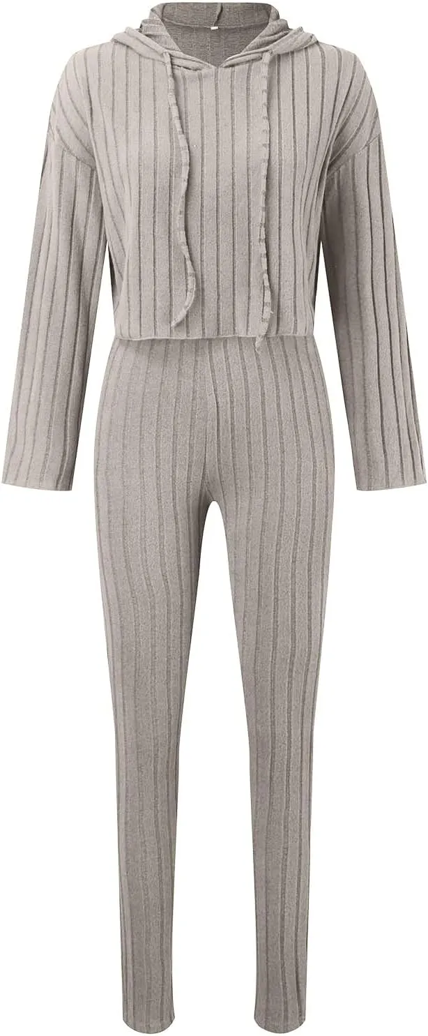 Women's 2 Piece Lounge Sets Wide Leg Pant Set Long Sleeve Cropped Top Casual Outfits Tracksuits Knitted Outfit Oversized