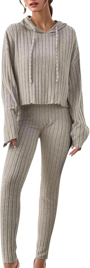 Women's 2 Piece Lounge Sets Wide Leg Pant Set Long Sleeve Cropped Top Casual Outfits Tracksuits Knitted Outfit Oversized