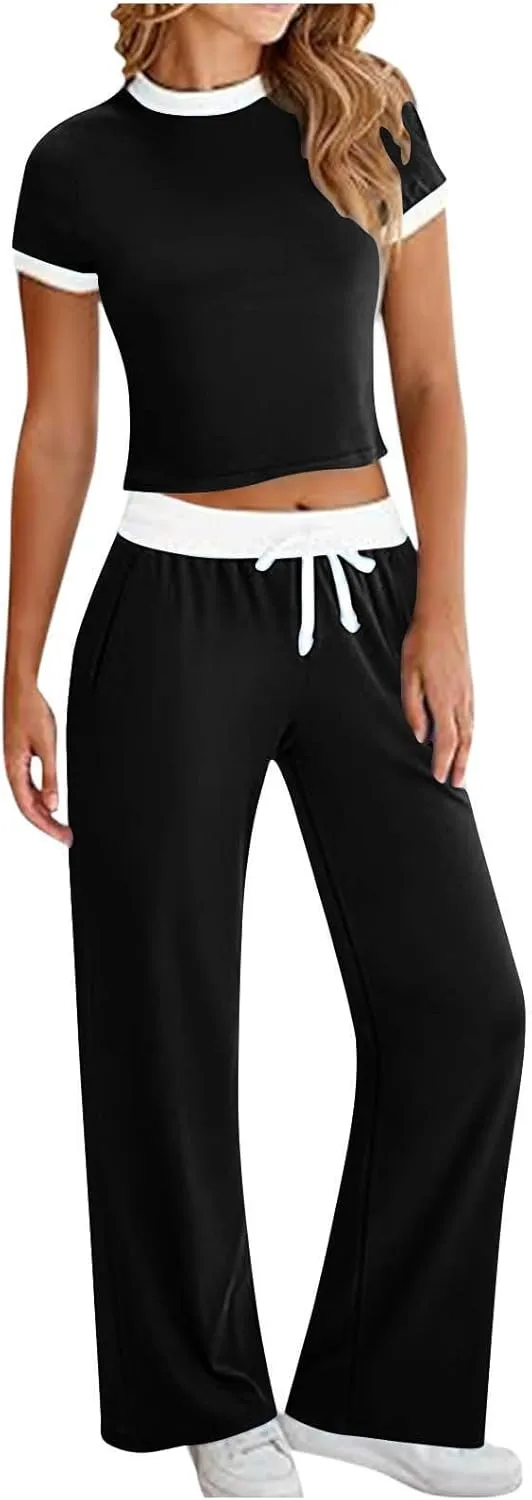 Womens 2 Piece Outfits 2025 Summer Tracksuit Sets Short Sleeve Crop Tops Loose Wide Leg Long Pants Jogger Lounge Set