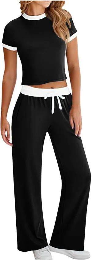 Womens 2 Piece Outfits 2025 Summer Tracksuit Sets Short Sleeve Crop Tops Loose Wide Leg Long Pants Jogger Lounge Set