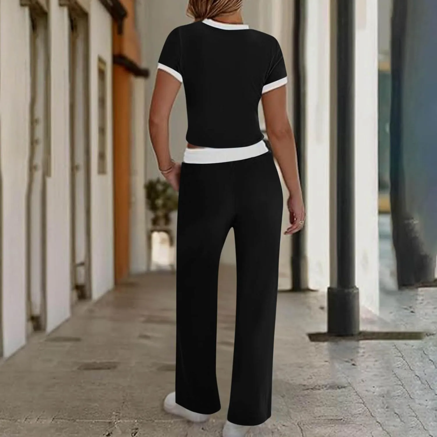 Womens 2 Piece Outfits 2025 Summer Tracksuit Sets Short Sleeve Crop Tops Loose Wide Leg Long Pants Jogger Lounge Set