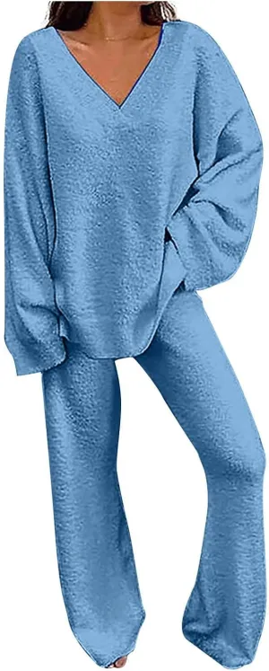 Women's 2 Piece Outfits Casual Long Sleeve V Neck Knit Pullover Wide Leg Pants Lounge Sweatsuit Fall Outfits Tracksuits