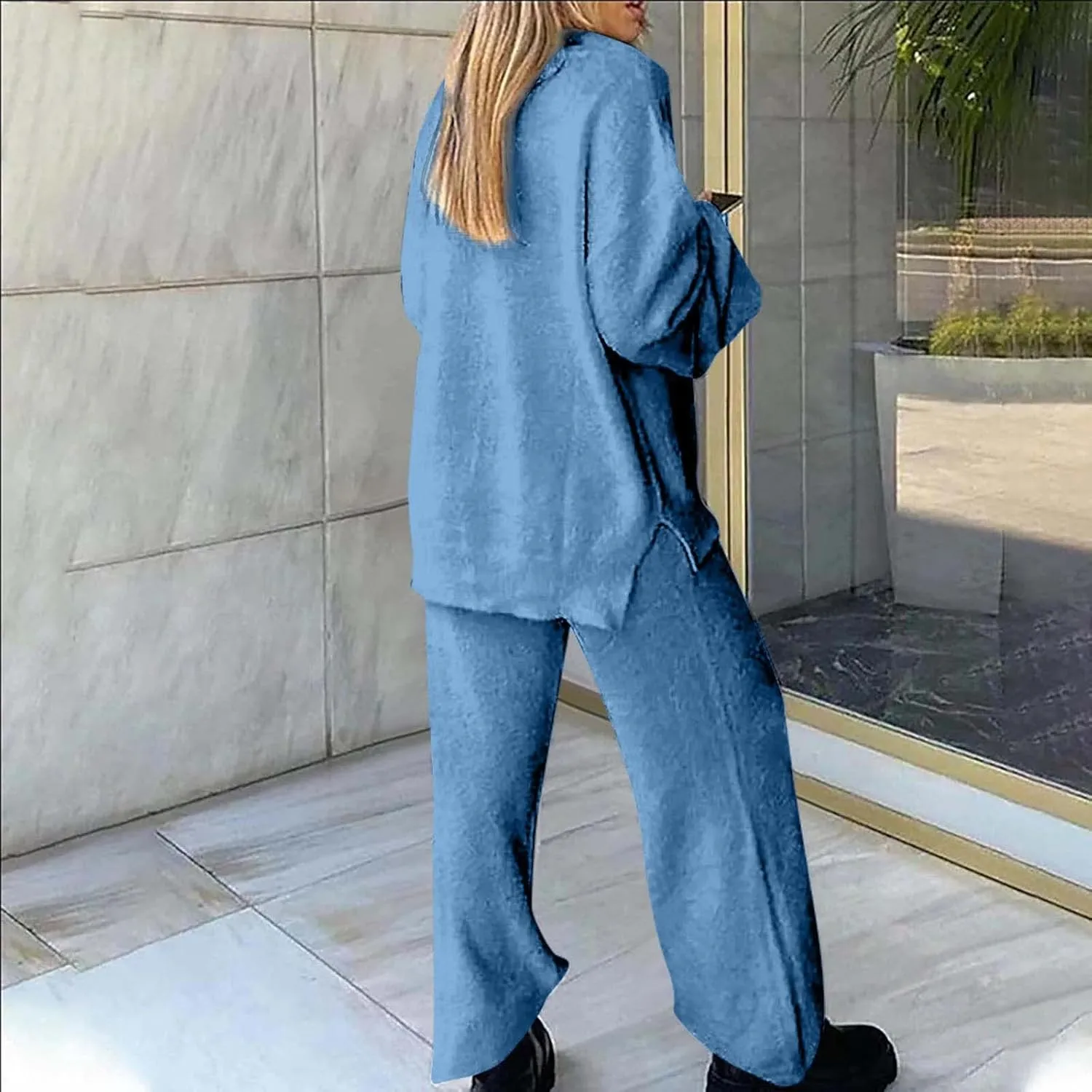 Women's 2 Piece Outfits Casual Long Sleeve V Neck Knit Pullover Wide Leg Pants Lounge Sweatsuit Fall Outfits Tracksuits