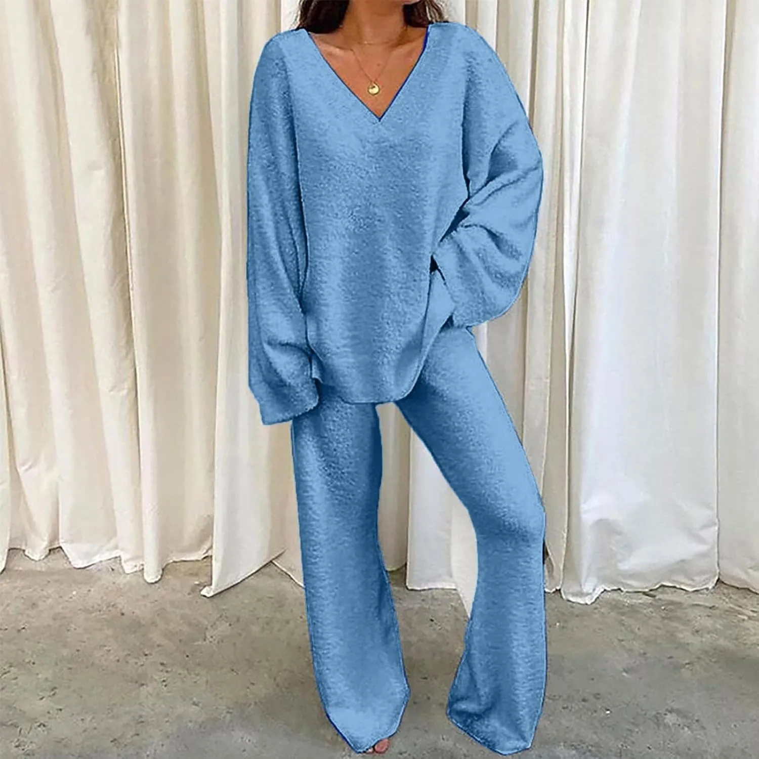 Women's 2 Piece Outfits Casual Long Sleeve V Neck Knit Pullover Wide Leg Pants Lounge Sweatsuit Fall Outfits Tracksuits