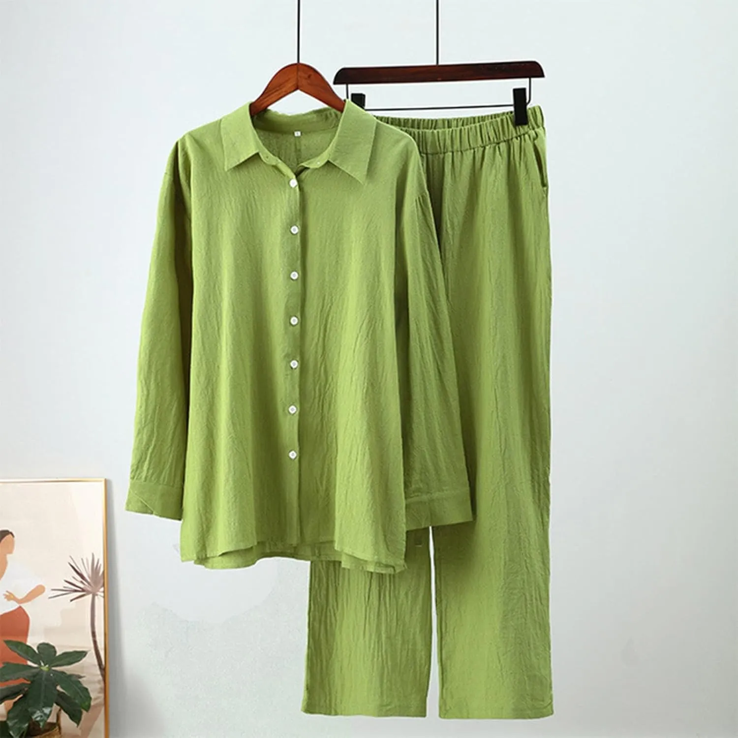 Women's 2 Piece Outfits Plus Size Long Sleeve Button Shirt Wide Leg Pants Tracksuits Pajama Sets Work Casual Wear