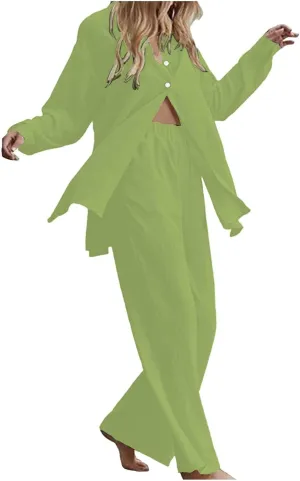 Women's 2 Piece Outfits Plus Size Long Sleeve Button Shirt Wide Leg Pants Tracksuits Pajama Sets Work Casual Wear