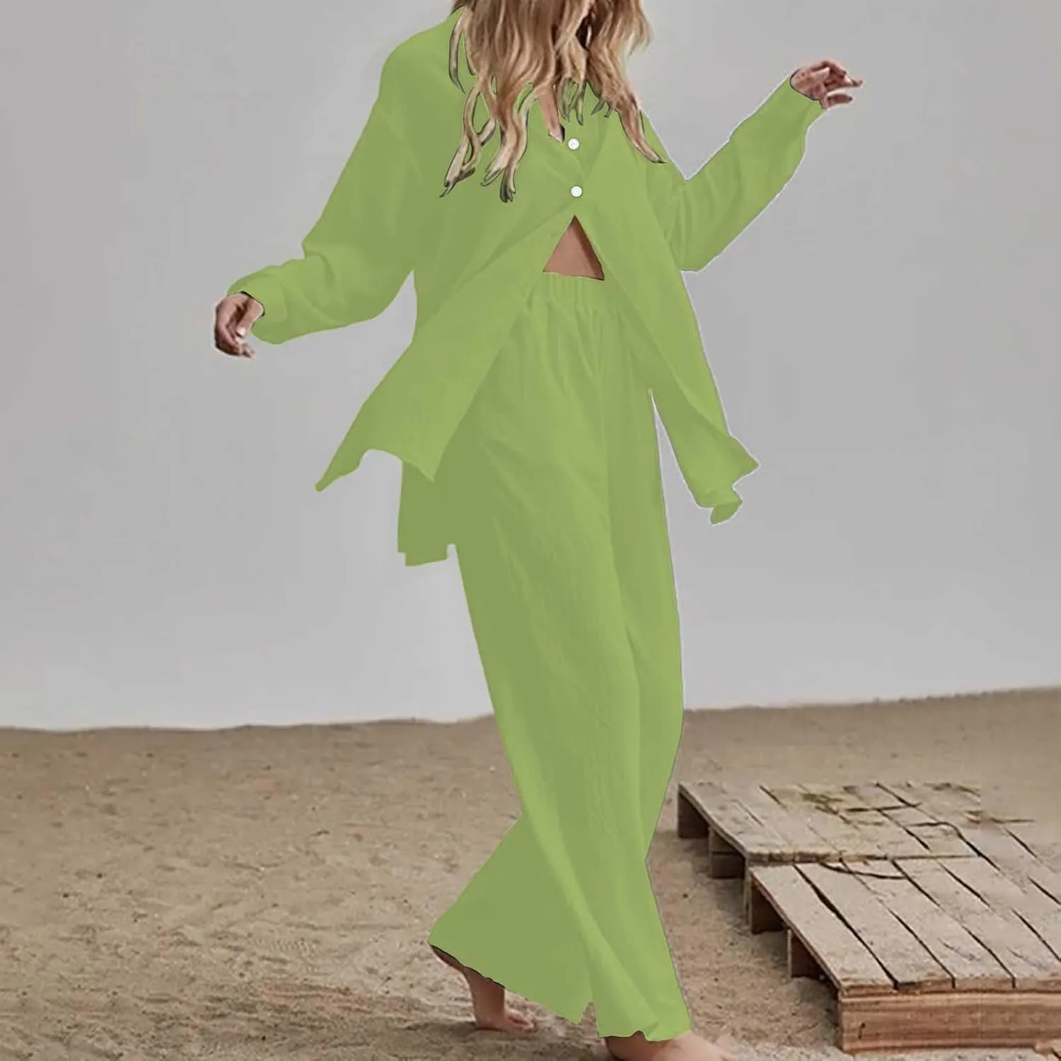 Women's 2 Piece Outfits Plus Size Long Sleeve Button Shirt Wide Leg Pants Tracksuits Pajama Sets Work Casual Wear