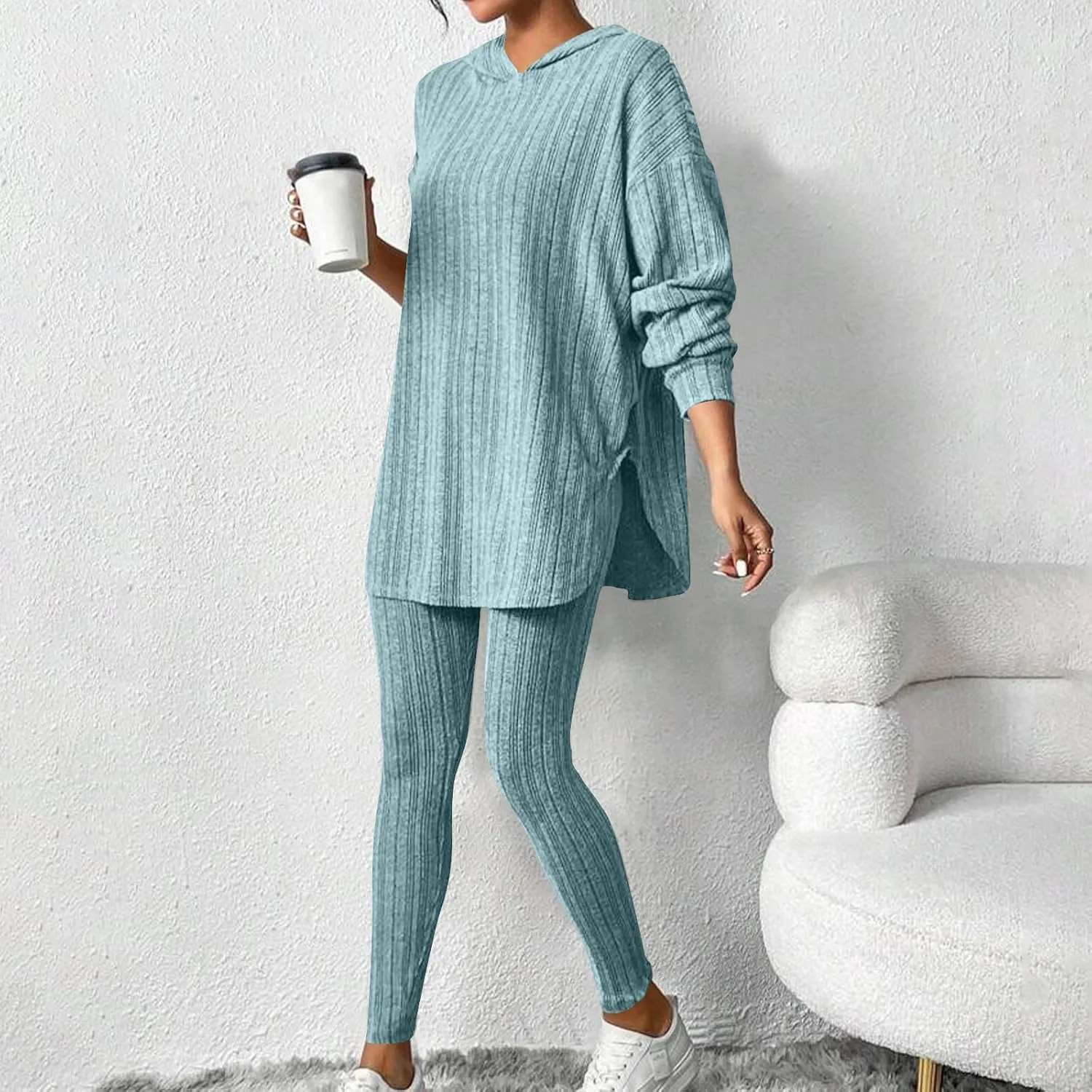 Women's 2 Piece Outfits Ribbed Knitting Long Sleeve Hooded Tops and Leggings Sets 2025 Solid Color Casual Comfy Set
