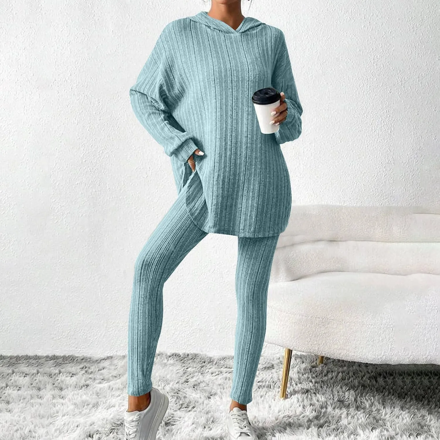 Women's 2 Piece Outfits Ribbed Knitting Long Sleeve Hooded Tops and Leggings Sets 2025 Solid Color Casual Comfy Set