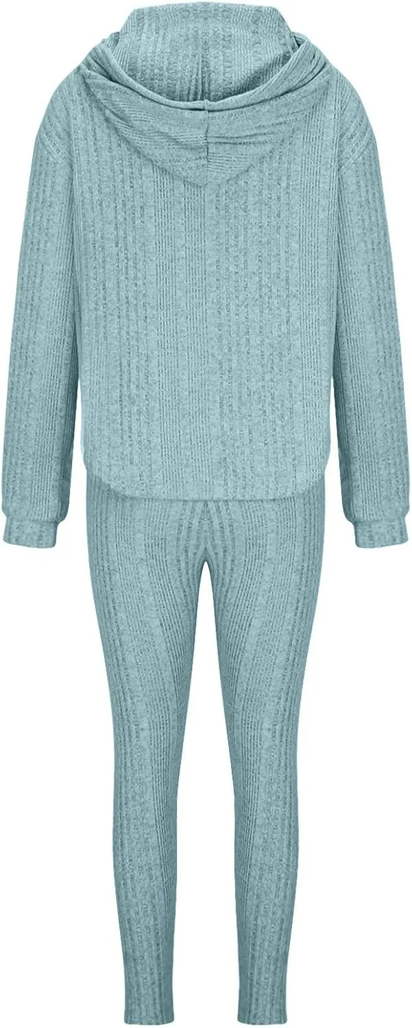 Women's 2 Piece Outfits Ribbed Knitting Long Sleeve Hooded Tops and Leggings Sets 2025 Solid Color Casual Comfy Set