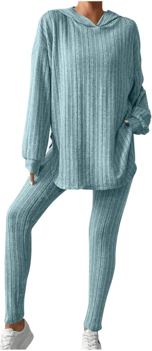 Women's 2 Piece Outfits Ribbed Knitting Long Sleeve Hooded Tops and Leggings Sets 2025 Solid Color Casual Comfy Set