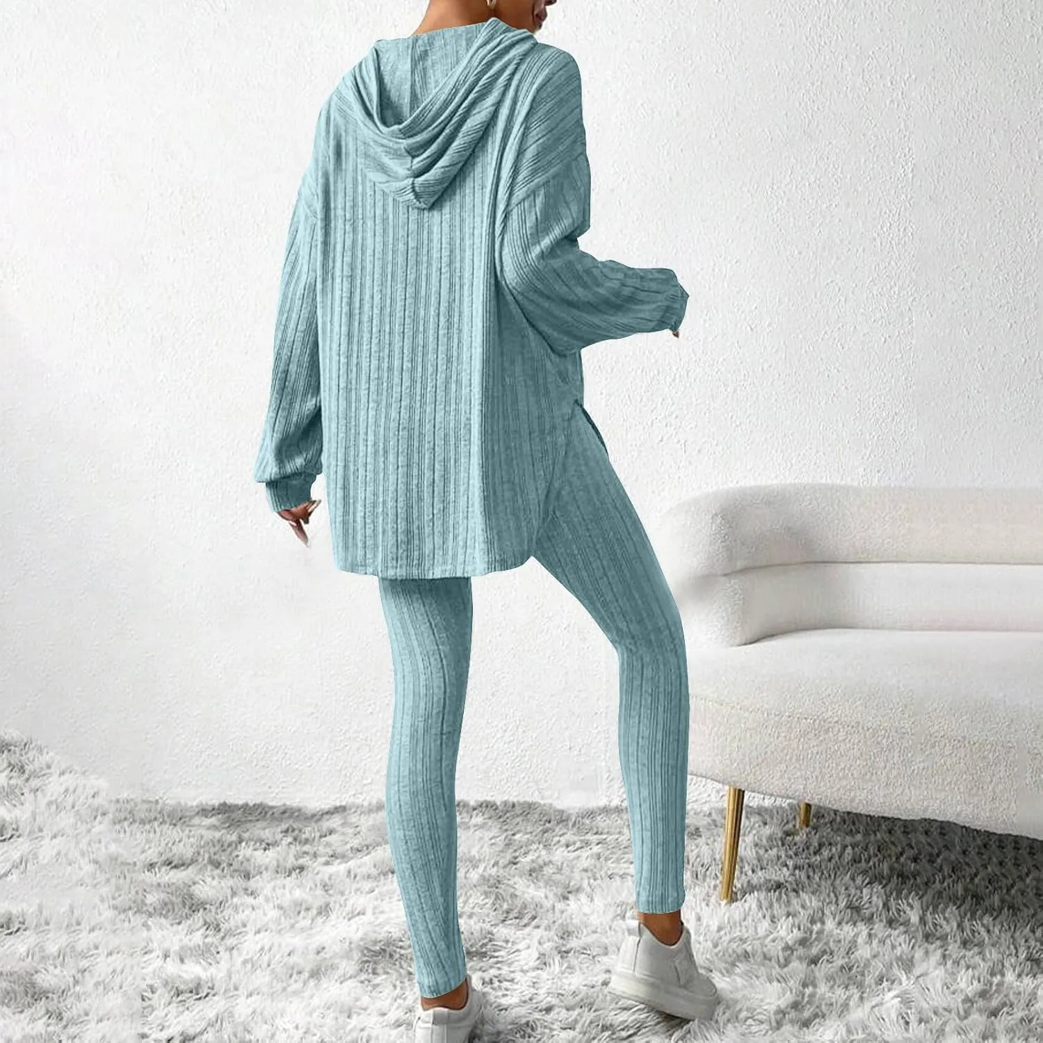 Women's 2 Piece Outfits Ribbed Knitting Long Sleeve Hooded Tops and Leggings Sets 2025 Solid Color Casual Comfy Set