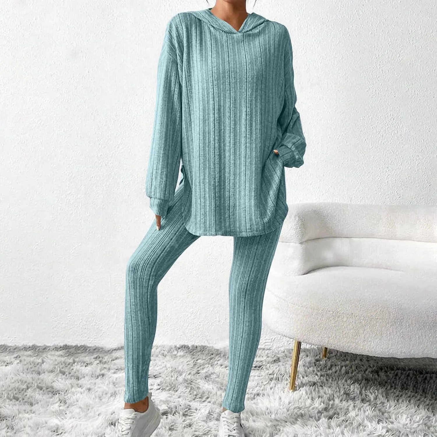 Women's 2 Piece Outfits Ribbed Knitting Long Sleeve Hooded Tops and Leggings Sets 2025 Solid Color Casual Comfy Set