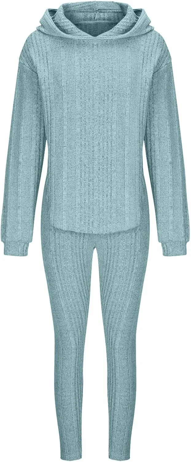 Women's 2 Piece Outfits Ribbed Knitting Long Sleeve Hooded Tops and Leggings Sets 2025 Solid Color Casual Comfy Set