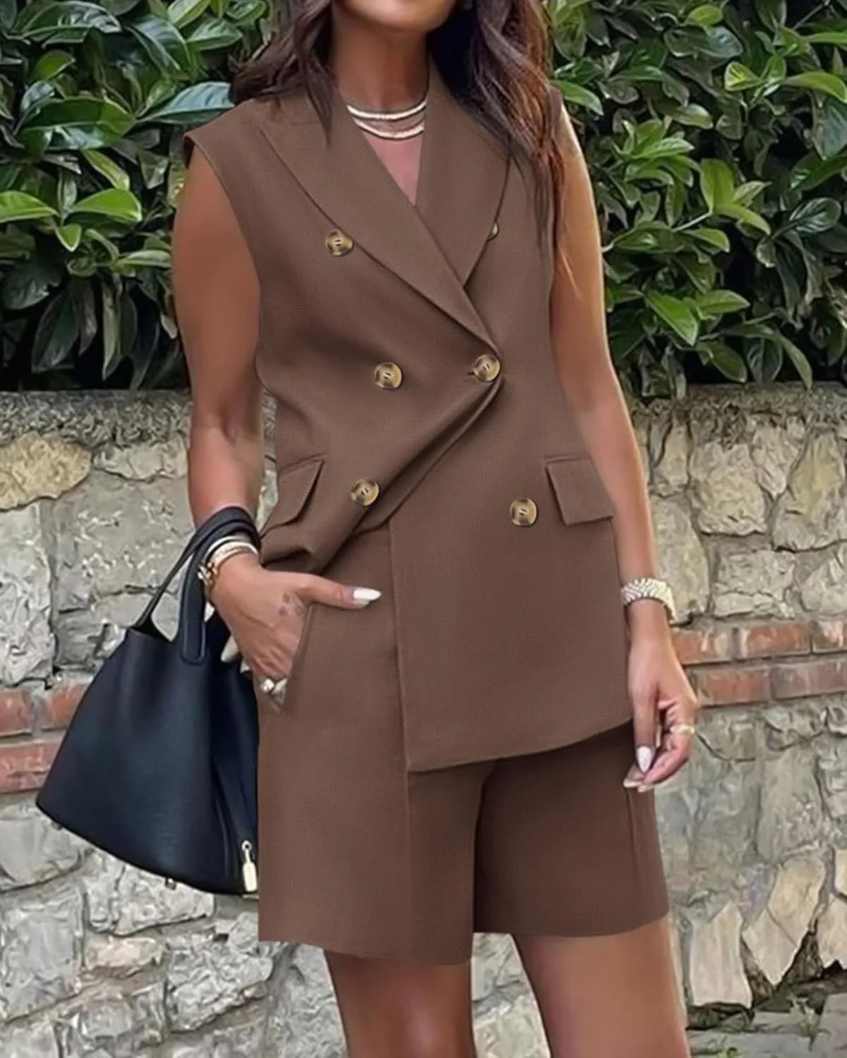 Womens 2 Piece Outfits Sleeveless Double Breasted Suit Summer Loose Shorts Office Business Casual Matching Set