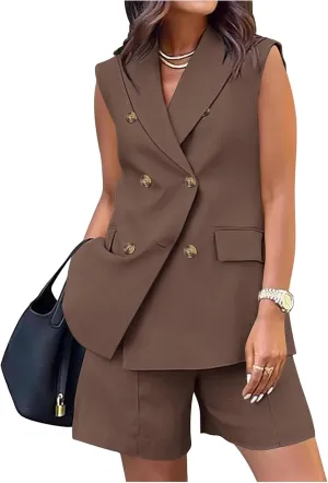 Womens 2 Piece Outfits Sleeveless Double Breasted Suit Summer Loose Shorts Office Business Casual Matching Set