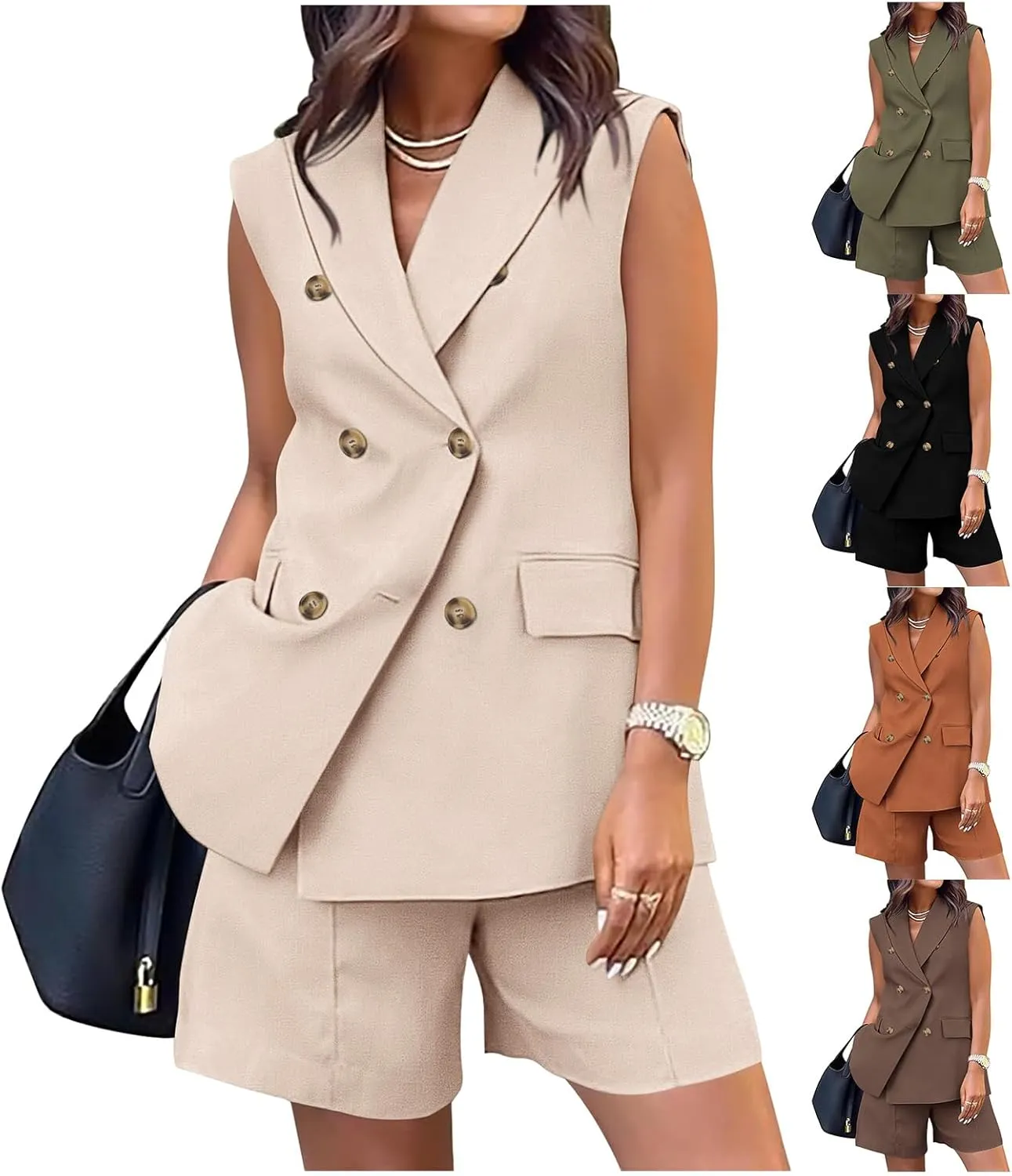 Womens 2 Piece Outfits Sleeveless Double Breasted Suit Summer Loose Shorts Office Business Casual Matching Set