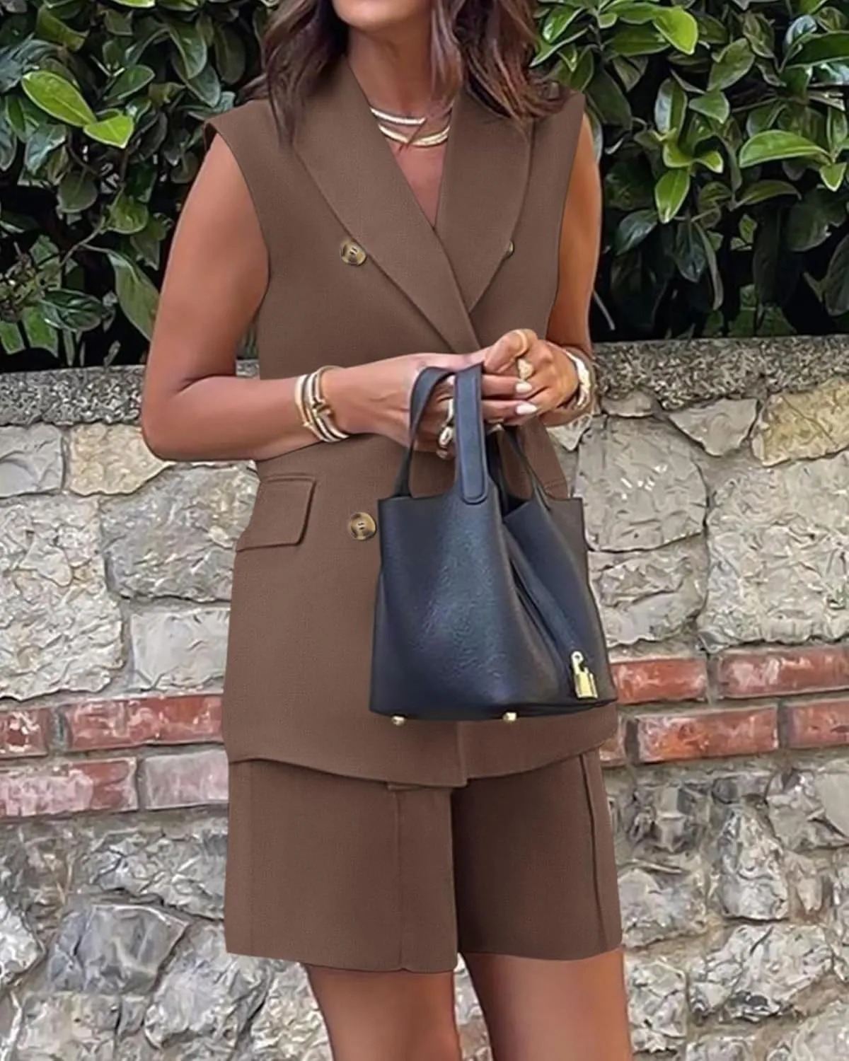 Womens 2 Piece Outfits Sleeveless Double Breasted Suit Summer Loose Shorts Office Business Casual Matching Set