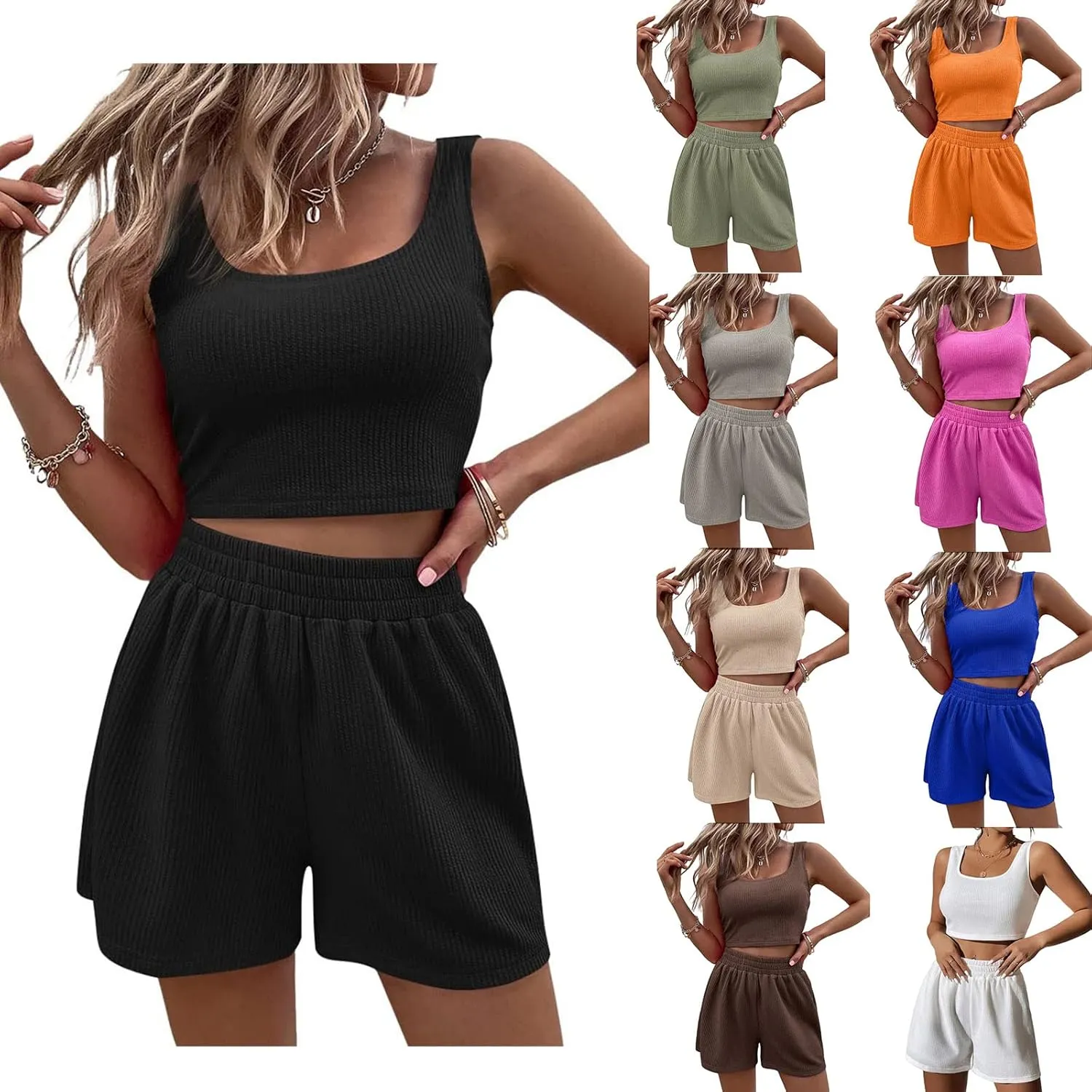 Womens 2 Piece Outfits Summer Ribbed Crop Tank Top and Shorts 2 Piece Sets Matching Lounge Sets