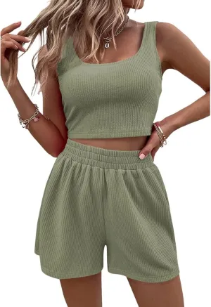 Womens 2 Piece Outfits Summer Ribbed Crop Tank Top and Shorts 2 Piece Sets Matching Lounge Sets
