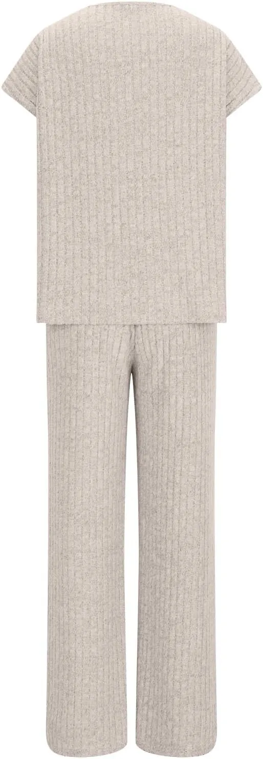 Womens 2 Piece Outfits Sweatsuit Ribbed Knit Lounge Sets Casual Short Sleeve Tops And Wide Leg Sweatpant Tracksuit