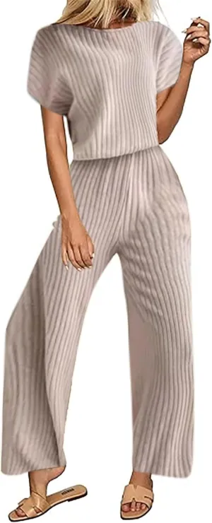 Womens 2 Piece Outfits Sweatsuit Ribbed Knit Lounge Sets Casual Short Sleeve Tops And Wide Leg Sweatpant Tracksuit
