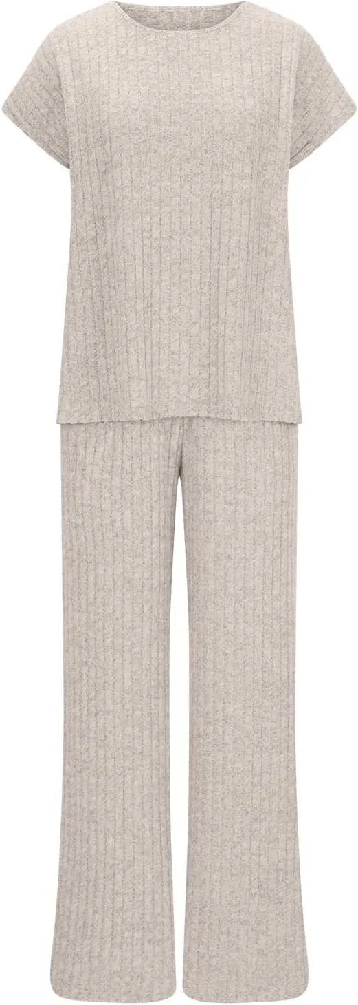Womens 2 Piece Outfits Sweatsuit Ribbed Knit Lounge Sets Casual Short Sleeve Tops And Wide Leg Sweatpant Tracksuit