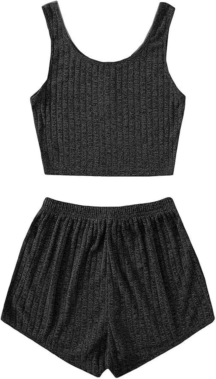 Womens 2 Piece Pajama Set Y2k Ribbed Cami Top and Shorts Lounge Sleepwear Soft Trendy Sweatsuit Matching Outfits