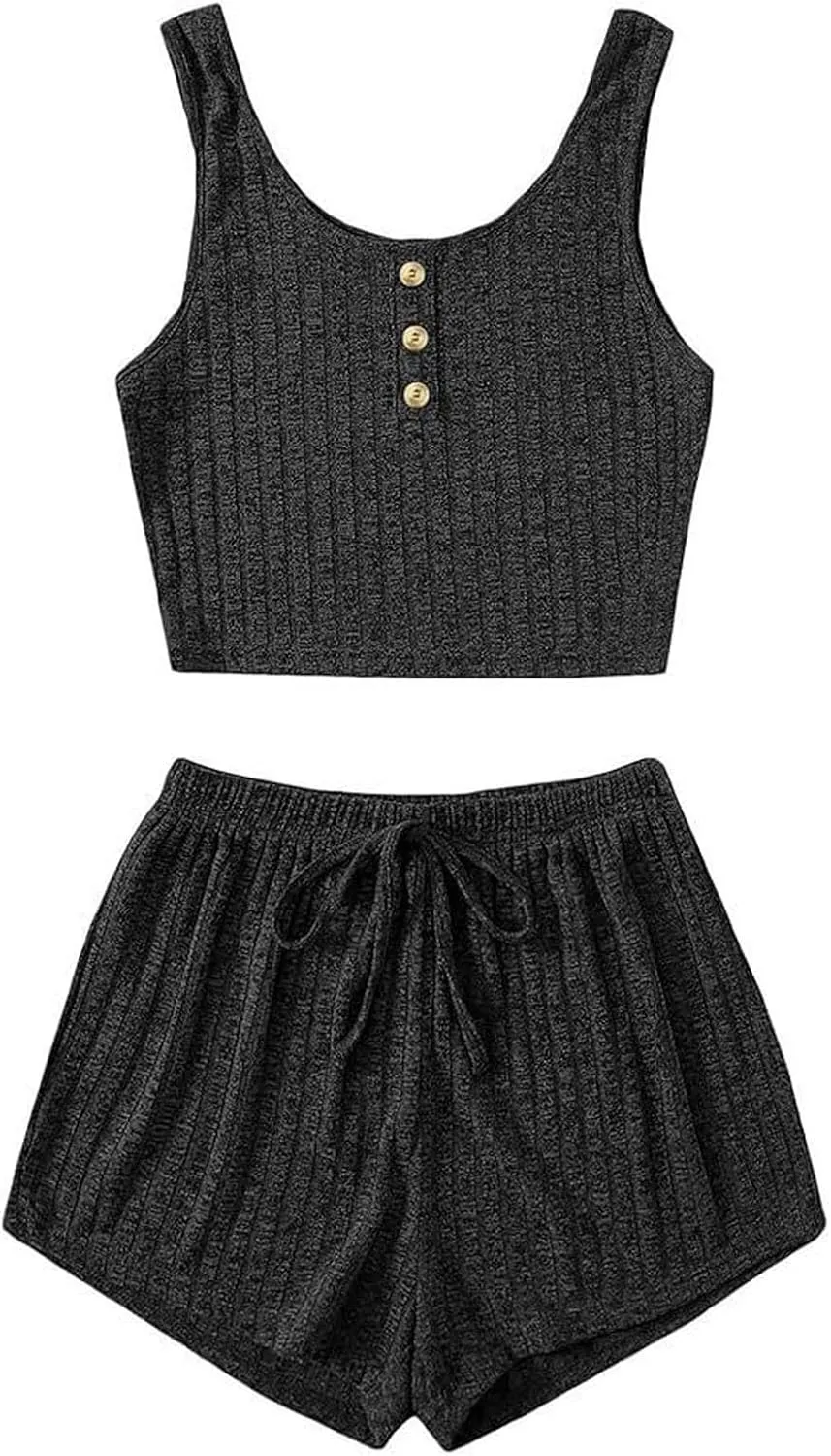 Womens 2 Piece Pajama Set Y2k Ribbed Cami Top and Shorts Lounge Sleepwear Soft Trendy Sweatsuit Matching Outfits