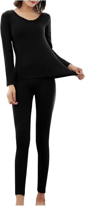Womens 2 Piece Pajama Sets Long Sleeve Top And Pant Ribbed Knit Sleepwear Base Layer Soft Pjs Nightwear Lounge Set