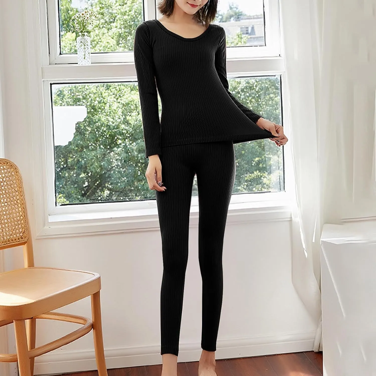 Womens 2 Piece Pajama Sets Long Sleeve Top And Pant Ribbed Knit Sleepwear Base Layer Soft Pjs Nightwear Lounge Set