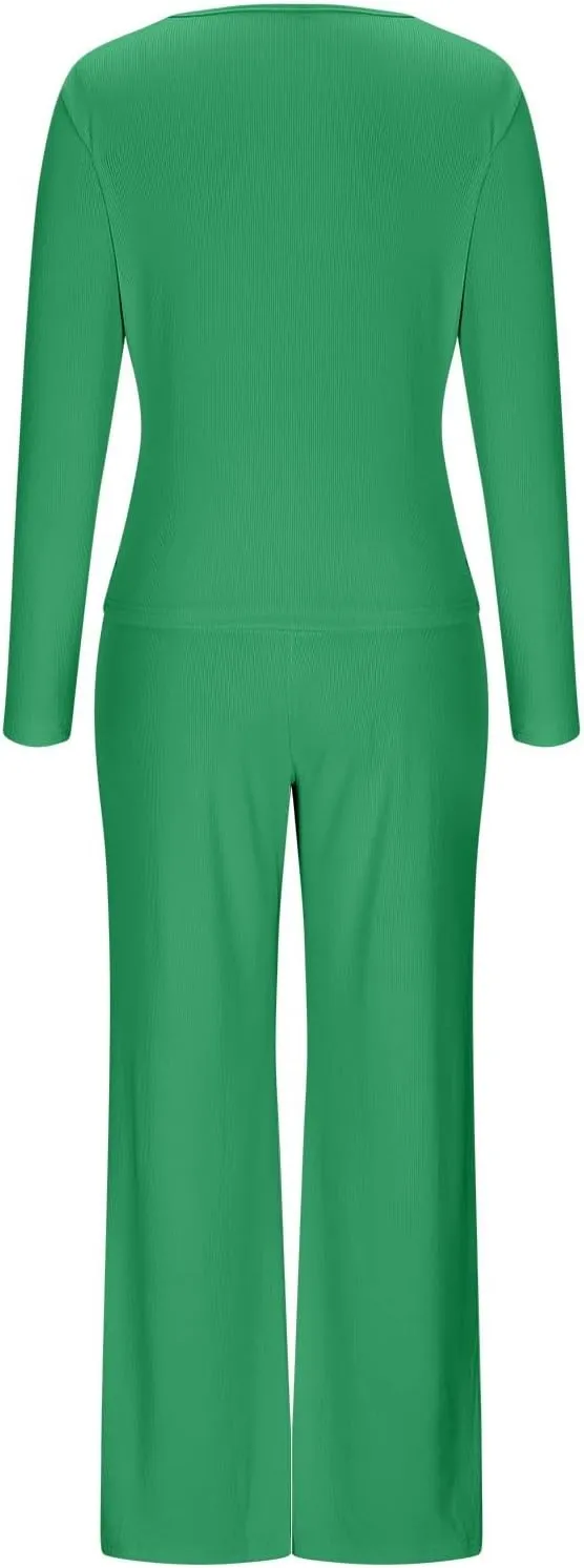 Women's 2 Piece Ribbed Knit Sets Solid Color Long Sleeve Shirts Wide Leg Pants Lounge Set 2025 Fashion Lounge Outfit