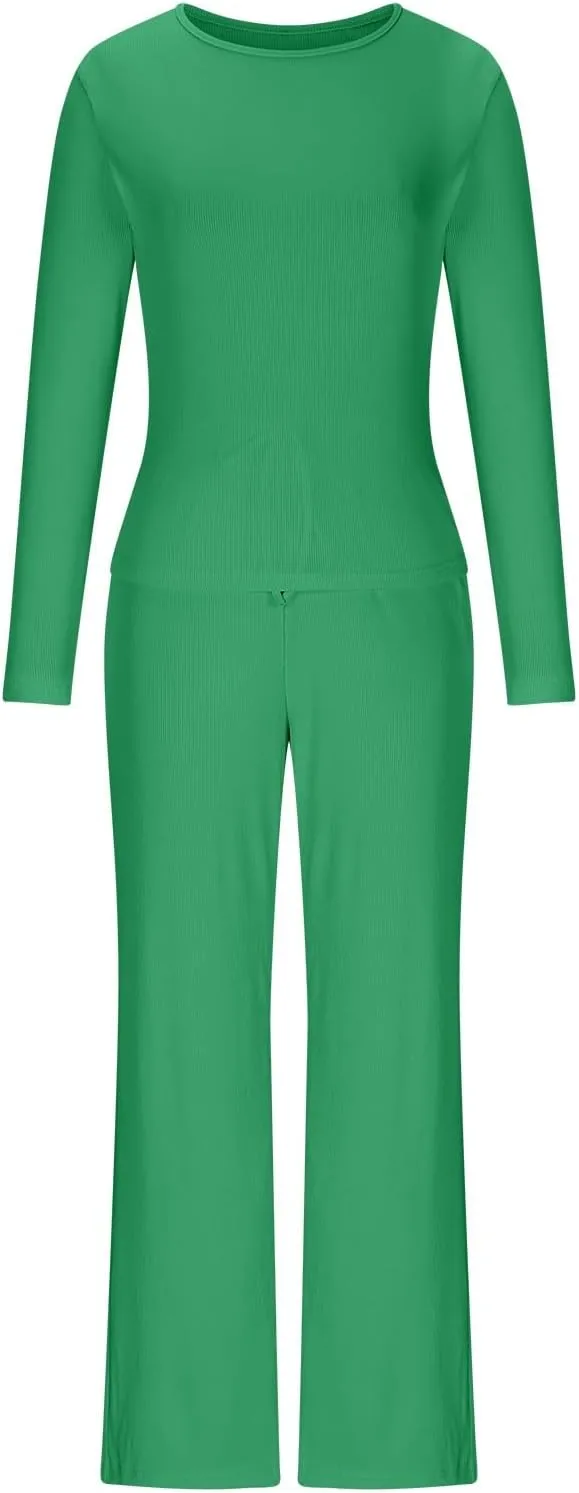 Women's 2 Piece Ribbed Knit Sets Solid Color Long Sleeve Shirts Wide Leg Pants Lounge Set 2025 Fashion Lounge Outfit
