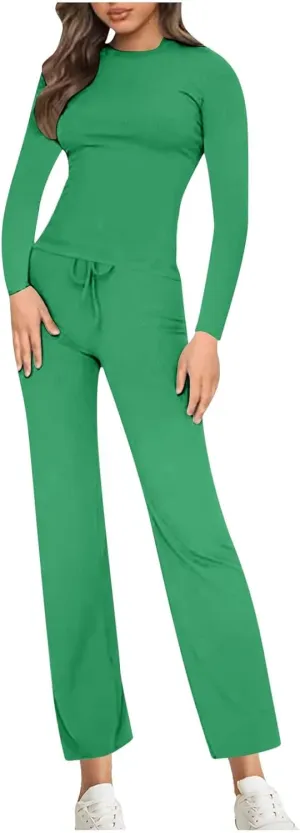 Women's 2 Piece Ribbed Knit Sets Solid Color Long Sleeve Shirts Wide Leg Pants Lounge Set 2025 Fashion Lounge Outfit