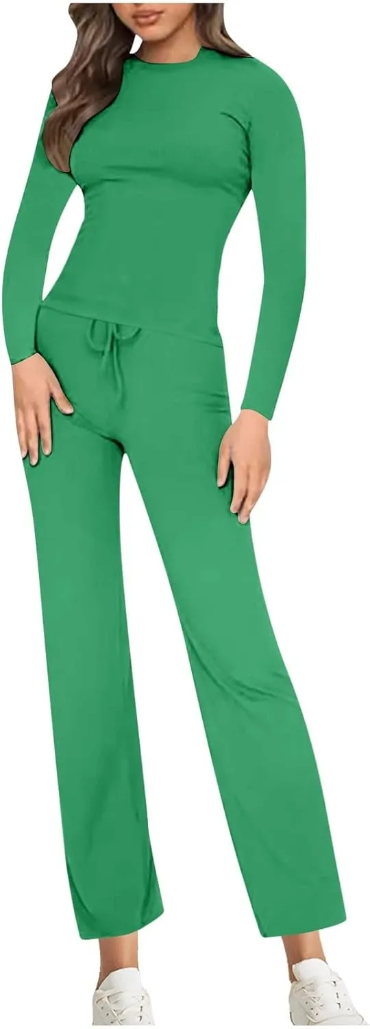Women's 2 Piece Ribbed Knit Sets Solid Color Long Sleeve Shirts Wide Leg Pants Lounge Set 2025 Fashion Lounge Outfit