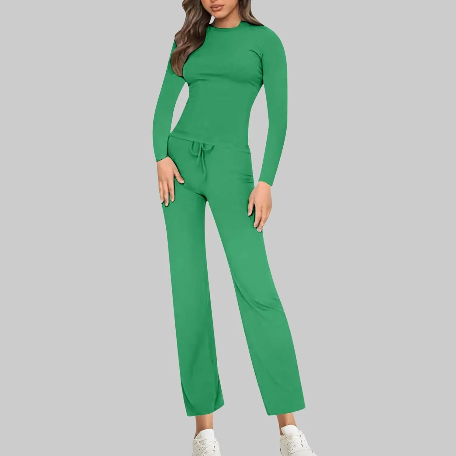 Women's 2 Piece Ribbed Knit Sets Solid Color Long Sleeve Shirts Wide Leg Pants Lounge Set 2025 Fashion Lounge Outfit