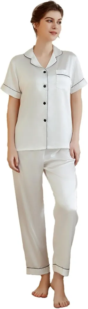 Women's 2 Piece Satin Pajama Set Button Down Short Sleeve Top & Pants Silky Nightwear Two Piece Loungewear Pjs Set
