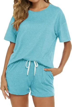 Women's 2 Piece Sets 2025 Summer Outfits Soft Lounge Set Lightweight Short Sleeve T-Shirts Drawstring Shorts Pajamas