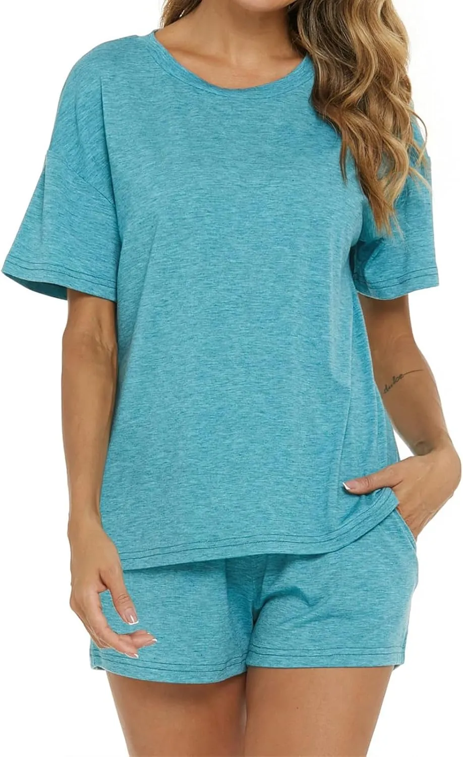 Women's 2 Piece Sets 2025 Summer Outfits Soft Lounge Set Lightweight Short Sleeve T-Shirts Drawstring Shorts Pajamas